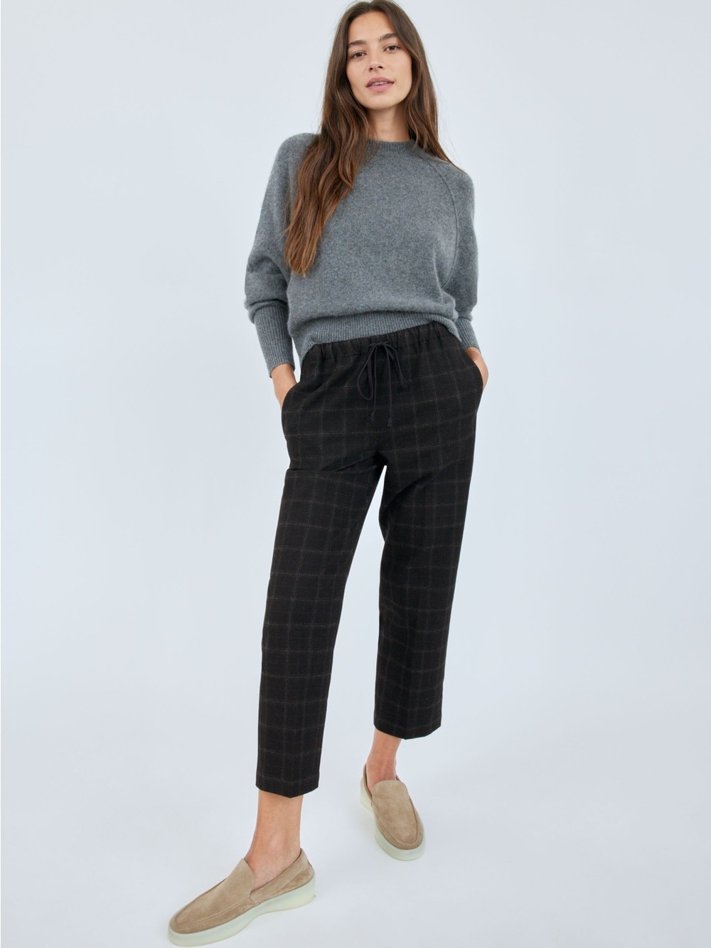 Babaton Dark Grey Plaid Straight Leg Pants, Size XXS